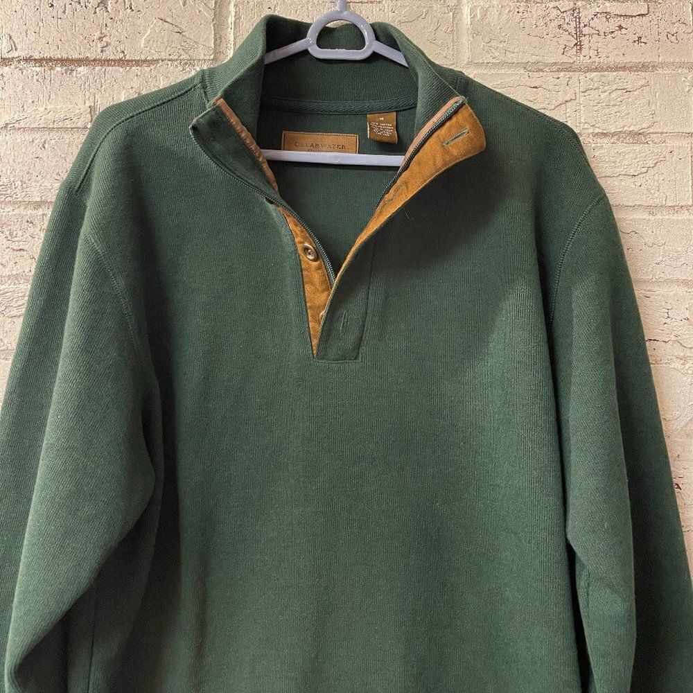 Clearwater Outfitter Sweater Mens Medium Green Henley Collar Elbow Patches